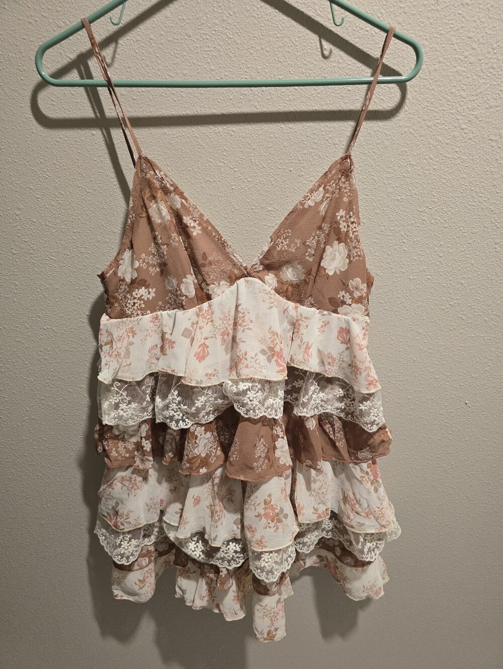 Altar'd State Floral Ruffle Mini Dress in Pink and Tan